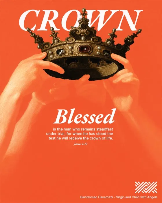 Passages “Crown” artwork: hands holding a crown on orange, with James 1:12