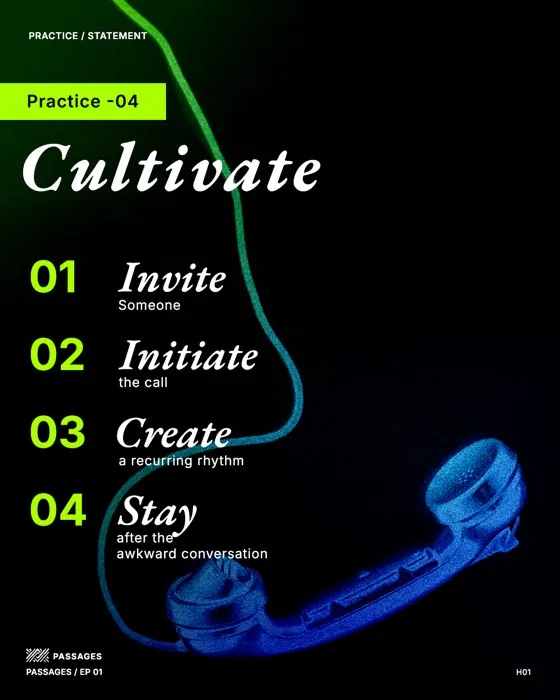 Passages “Cultivate” prompt card: invite, initiate, create, stay