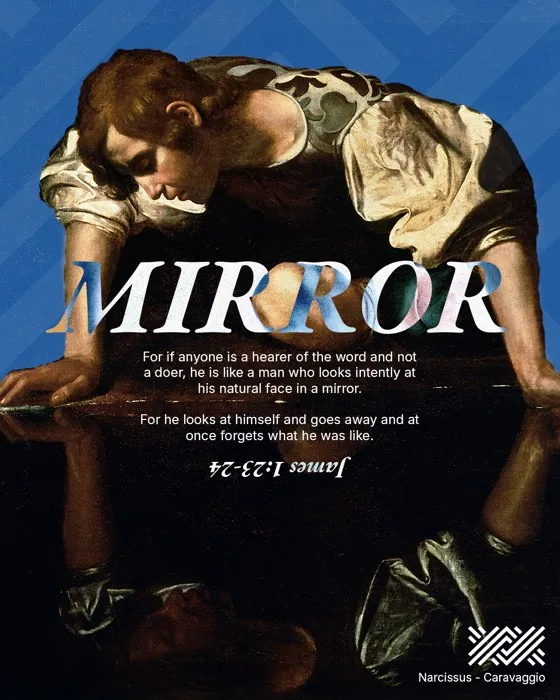 Passages “Mirror” artwork featuring Caravaggio’s Narcissus