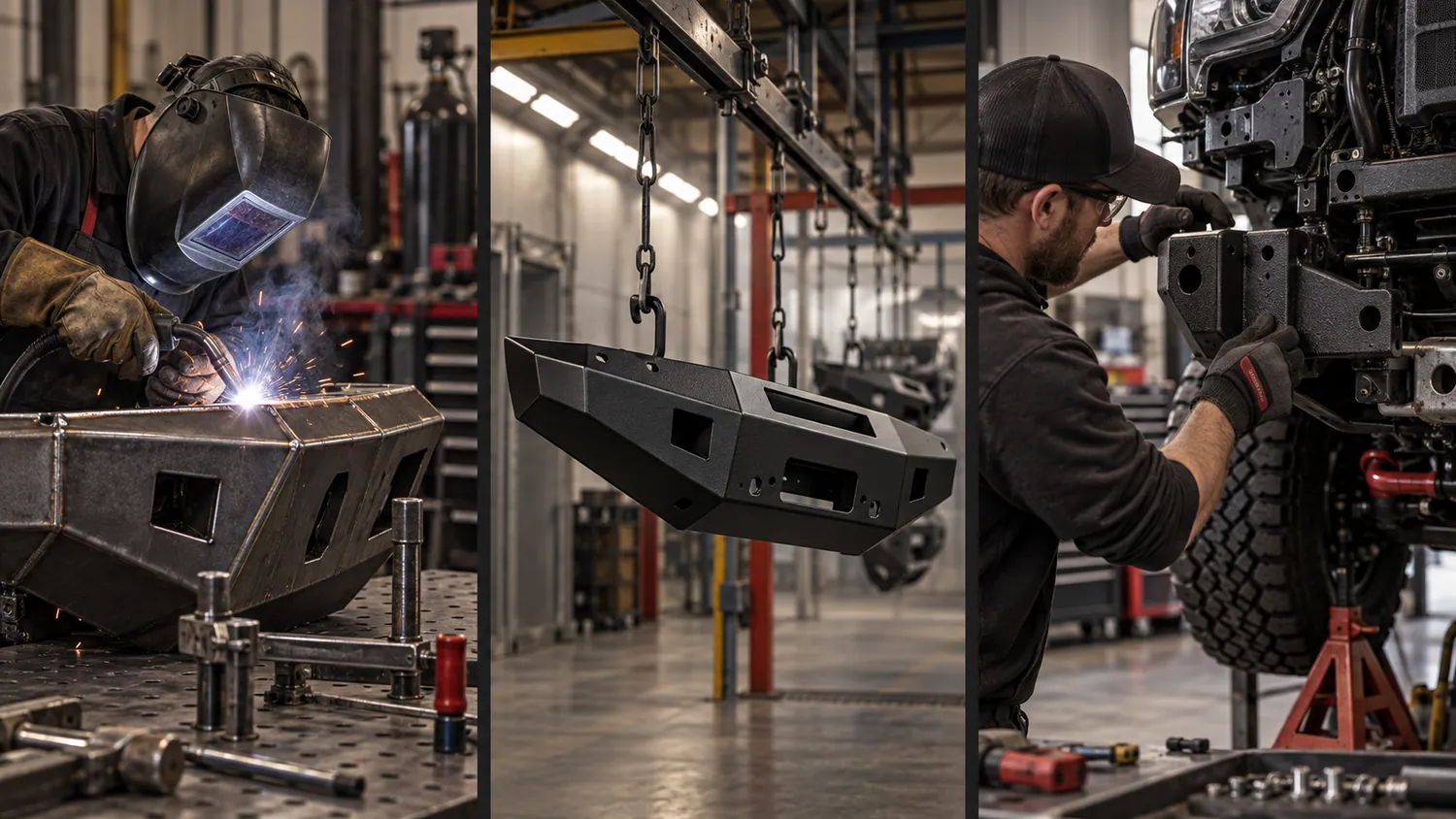 Storyboard frames: welding, a powder-coated bumper, and installation