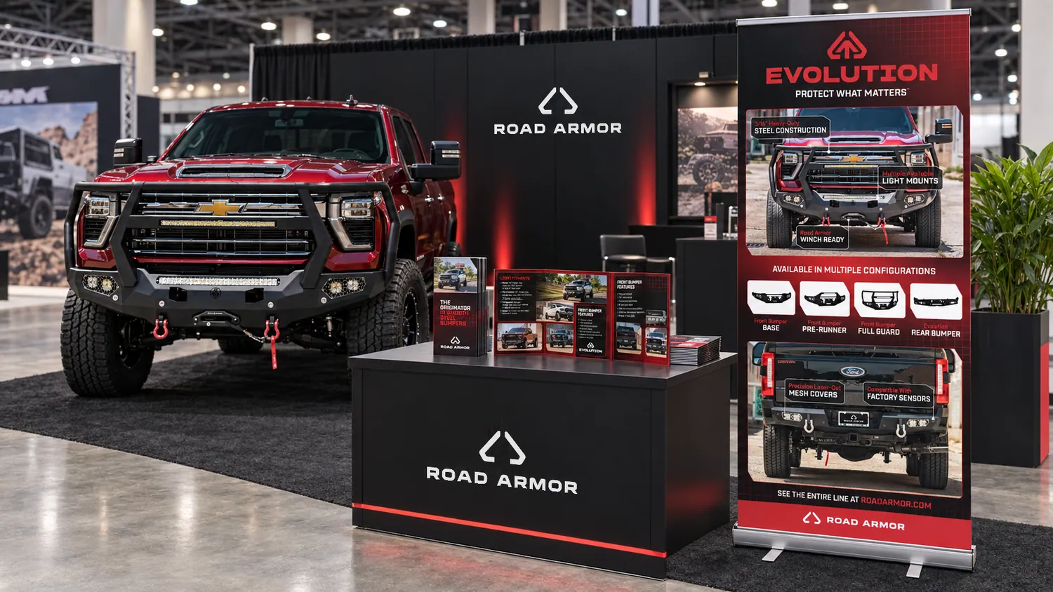 Road Armor pop-up banners and brochures at a proposed trade-show display