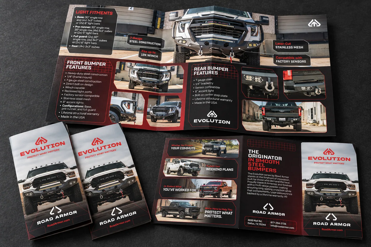 Road Armor Evolution product brochures, folded and open