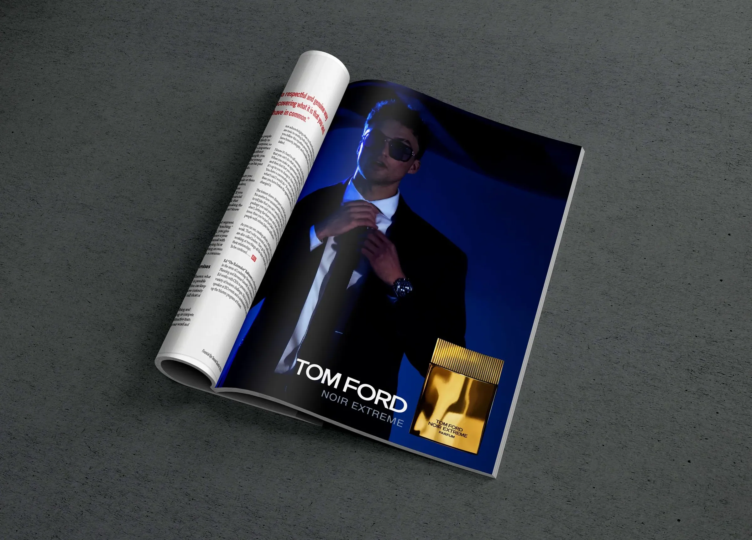TOM FORD Noir Extreme concept ad in an open magazine