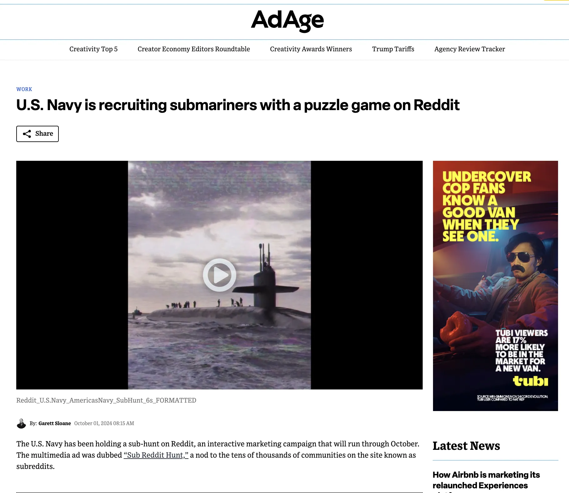Ad Age article: U.S. Navy is recruiting submariners with a puzzle game on Reddit