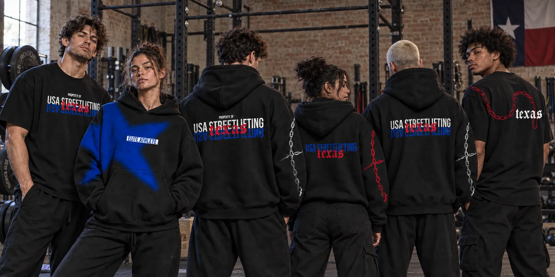 Six views of USA Streetlifting Texas hoodies and T-shirts worn in a gym