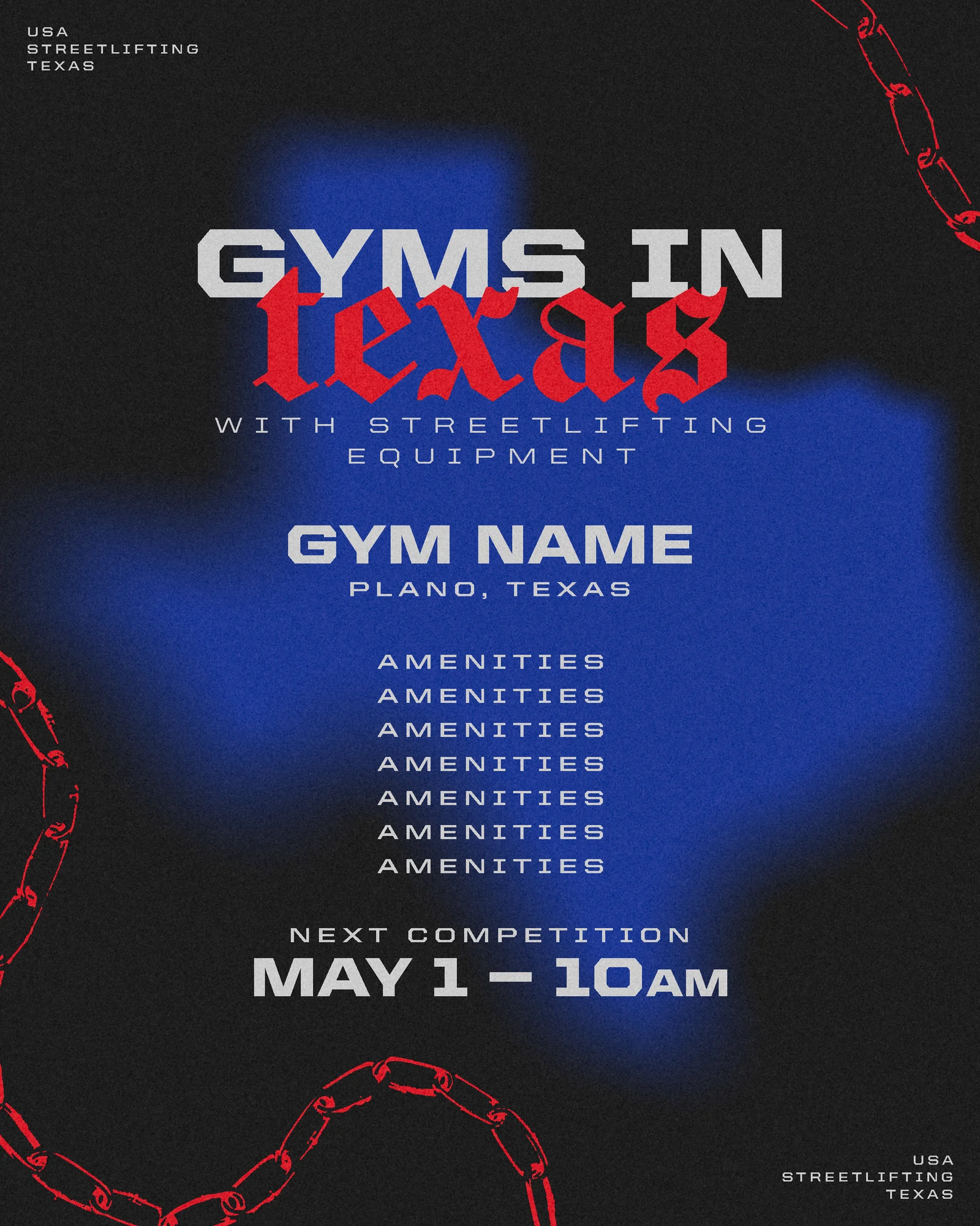 Gyms in Texas template from the USA Streetlifting Texas system